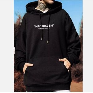 Men Slogan & Picture Print Kangaroo Pocket Drop Shoulder PulloverHoodie Size XXL